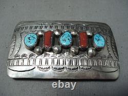 Exceptional Vintage Navajo Kingman Turquoise Corals Sterling Silver Buckle