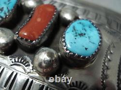 Exceptional Vintage Navajo Kingman Turquoise Corals Sterling Silver Buckle