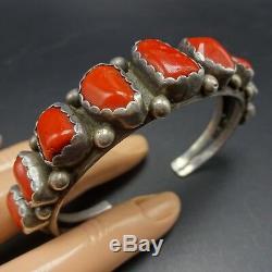 Exquisite Signed Vintage NAVAJO Sterling Silver OLD RED CORAL Cuff BRACELET