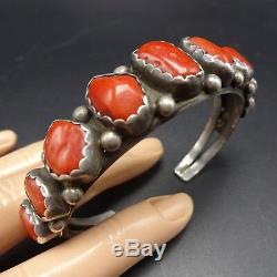 Exquisite Signed Vintage NAVAJO Sterling Silver OLD RED CORAL Cuff BRACELET