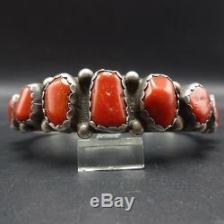 Exquisite Signed Vintage NAVAJO Sterling Silver OLD RED CORAL Cuff BRACELET