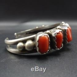 Exquisite Signed Vintage NAVAJO Sterling Silver OLD RED CORAL Cuff BRACELET