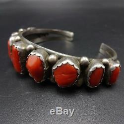 Exquisite Signed Vintage NAVAJO Sterling Silver OLD RED CORAL Cuff BRACELET