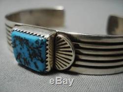 Exquisite Vintage Navajo Squared Turquoise Sterling Silver Bracelet Old