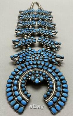 Exquisite Vintage Navajo Sterling Silver Blue Turquoise Squash Blossom Necklace