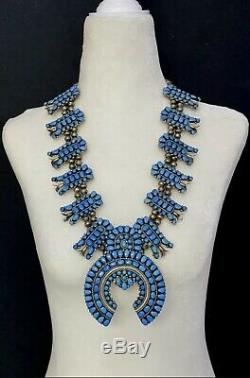 Exquisite Vintage Navajo Sterling Silver Blue Turquoise Squash Blossom Necklace