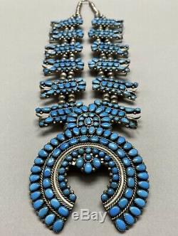 Exquisite Vintage Navajo Sterling Silver Blue Turquoise Squash Blossom Necklace