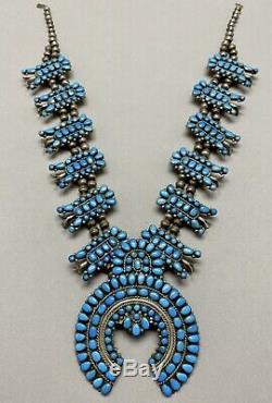 Exquisite Vintage Navajo Sterling Silver Blue Turquoise Squash Blossom Necklace