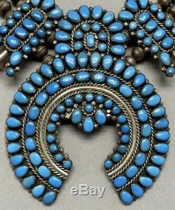 Exquisite Vintage Navajo Sterling Silver Blue Turquoise Squash Blossom Necklace