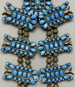 Exquisite Vintage Navajo Sterling Silver Blue Turquoise Squash Blossom Necklace