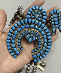 Exquisite Vintage Navajo Sterling Silver Blue Turquoise Squash Blossom Necklace