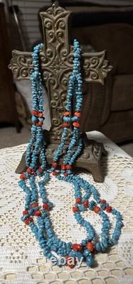 Exquisite Vtg Native American Navajo 3 Strand Turquoise Nugget & Coral Necklace