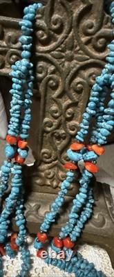 Exquisite Vtg Native American Navajo 3 Strand Turquoise Nugget & Coral Necklace