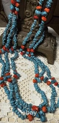 Exquisite Vtg Native American Navajo 3 Strand Turquoise Nugget & Coral Necklace