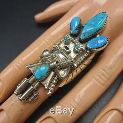 Extra Long Vintage NAVAJO Sterling Silver TURQUOISE KACHINA RING, size 7.5