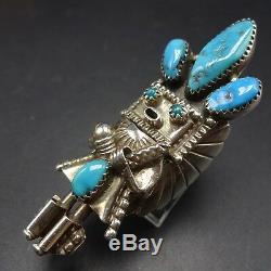 Extra Long Vintage NAVAJO Sterling Silver TURQUOISE KACHINA RING, size 7.5