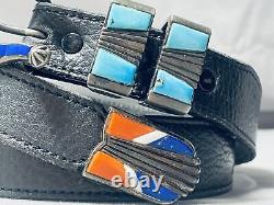 Female Artist Jennifer Vintage Navajo Turquoise Coral Inlay Sterling Silver Belt