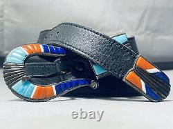 Female Artist Jennifer Vintage Navajo Turquoise Coral Inlay Sterling Silver Belt