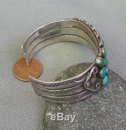 Fine Old Vintage Silver Indian Zuni 3 Row Green Blue Turquoise Cuff Bracelet