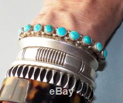 Fine Vintage Signed Sterling Silver Sleeping Beauty Turquoise Row Cuff Bracelet