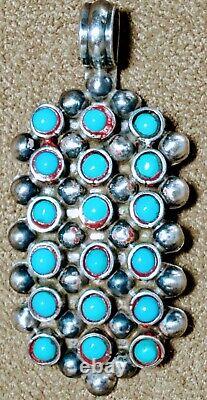 Fine Vintage Zuni Sterling Silver 18 Petit Point Snake Eyes Turquoise Pendant