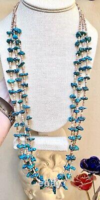 Genuine Vintage Native American Sterling Silver Triple Strand Turquoise Necklace