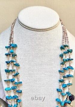 Genuine Vintage Native American Sterling Silver Triple Strand Turquoise Necklace