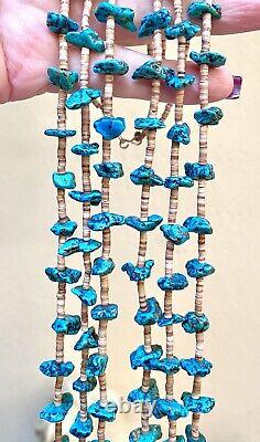 Genuine Vintage Native American Sterling Silver Triple Strand Turquoise Necklace