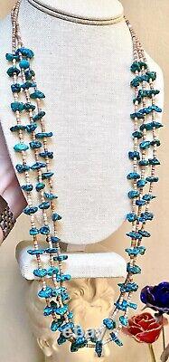 Genuine Vintage Native American Sterling Silver Triple Strand Turquoise Necklace