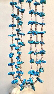 Genuine Vintage Native American Sterling Silver Triple Strand Turquoise Necklace