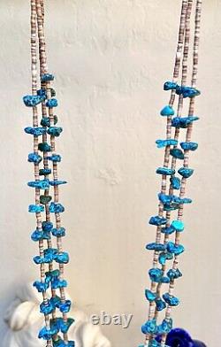 Genuine Vintage Native American Sterling Silver Triple Strand Turquoise Necklace