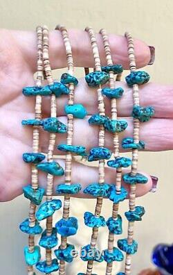 Genuine Vintage Native American Sterling Silver Triple Strand Turquoise Necklace