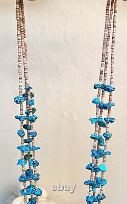 Genuine Vintage Native American Sterling Silver Triple Strand Turquoise Necklace