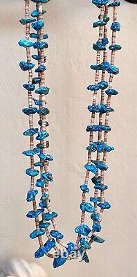 Genuine Vintage Native American Sterling Silver Triple Strand Turquoise Necklace