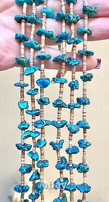 Genuine Vintage Native American Sterling Silver Triple Strand Turquoise Necklace