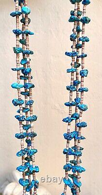 Genuine Vintage Native American Sterling Silver Triple Strand Turquoise Necklace