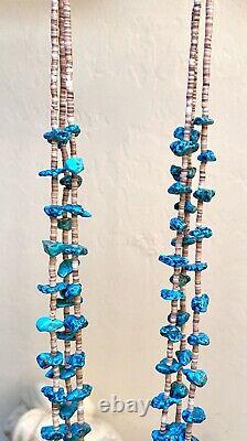 Genuine Vintage Native American Sterling Silver Triple Strand Turquoise Necklace