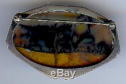 Gorgeous Vintage American Indian Navajo Silver Scenic Petrified Wood Pin Brooch