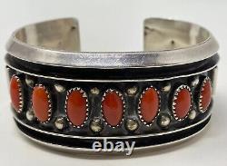 Gorgeous Vintage Navajo Coral Cabochon Sterling Silver Native American Bracelet