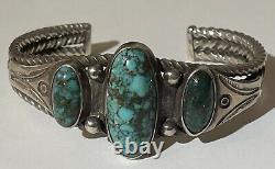 Great 1930's Vintage Navajo Indian Silver Twisted Wire Turquoise Cuff Bracelet