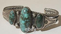 Great 1930's Vintage Navajo Indian Silver Twisted Wire Turquoise Cuff Bracelet