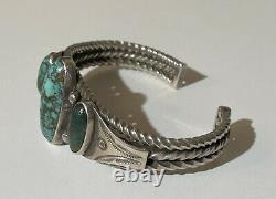 Great 1930's Vintage Navajo Indian Silver Twisted Wire Turquoise Cuff Bracelet