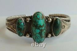 Great 1930's Vintage Navajo Indian Silver Twisted Wire Turquoise Cuff Bracelet