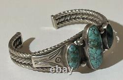 Great 1930's Vintage Navajo Indian Silver Twisted Wire Turquoise Cuff Bracelet