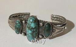 Great 1930's Vintage Navajo Indian Silver Twisted Wire Turquoise Cuff Bracelet