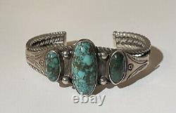 Great 1930's Vintage Navajo Indian Silver Twisted Wire Turquoise Cuff Bracelet