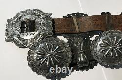 Great Vintage Navajo Indian Leather Ladies Belt With Repousse Silver Conchos