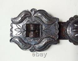 Great Vintage Navajo Indian Leather Ladies Belt With Repousse Silver Conchos