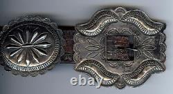 Great Vintage Navajo Indian Leather Ladies Belt With Repousse Silver Conchos