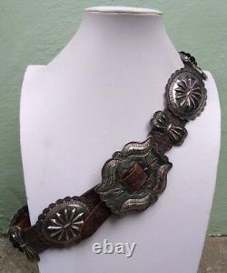 Great Vintage Navajo Indian Leather Ladies Belt With Repousse Silver Conchos